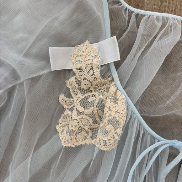 Vtg Lisette Lingerie Blue Lace Chiffon Robe Sz Med Peignoir Negligee Sheer Lace - Picture 3 of 13
